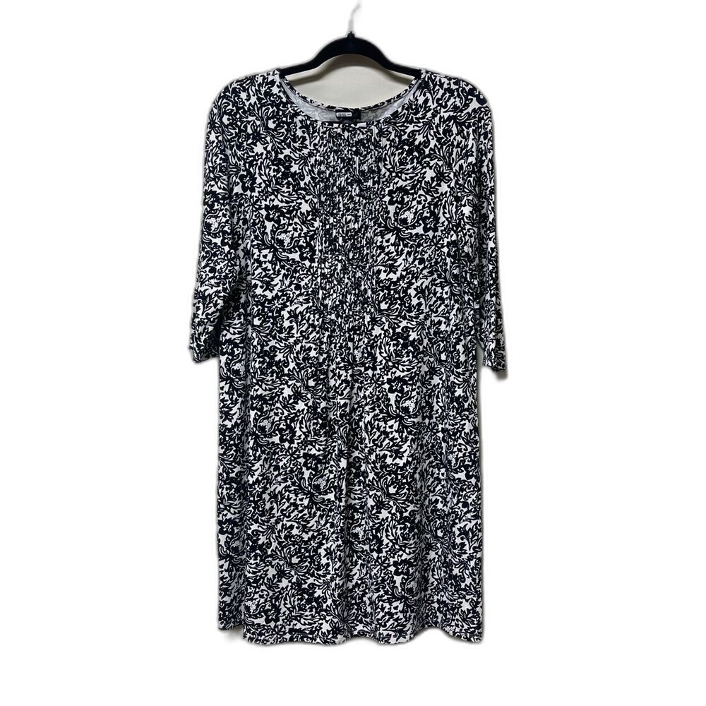 J. JILL Wearever Abstract Botanical Print Black/White 3/4 Sleeve Dress, Sz MP